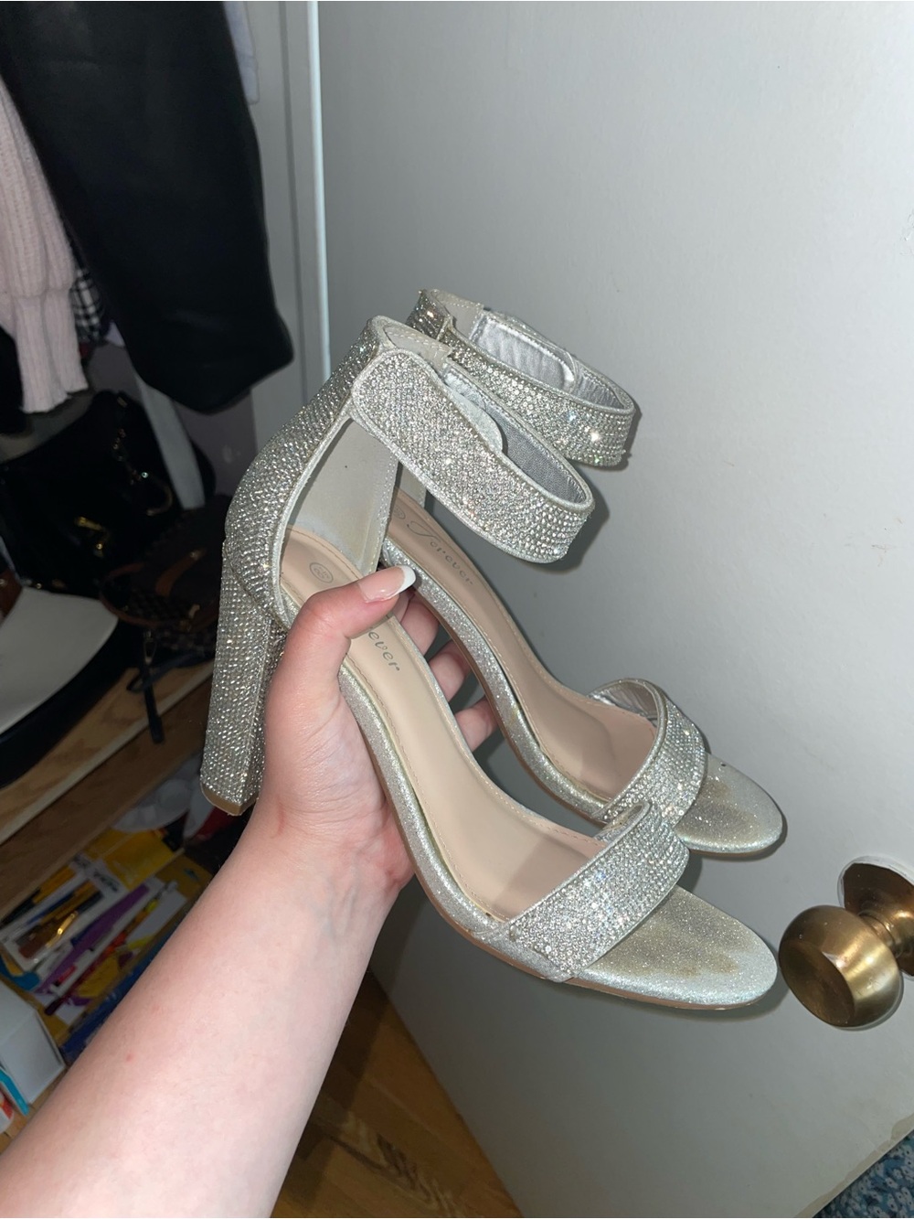 Forever 21 Glitter Block Heel Ankle-Strap Sandals in Silver